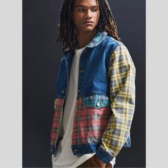 BDG URBAN OUTFITTERS Faded Plaid Patchwork Denim Jacket  SizeL Large - Picture 1 of 12